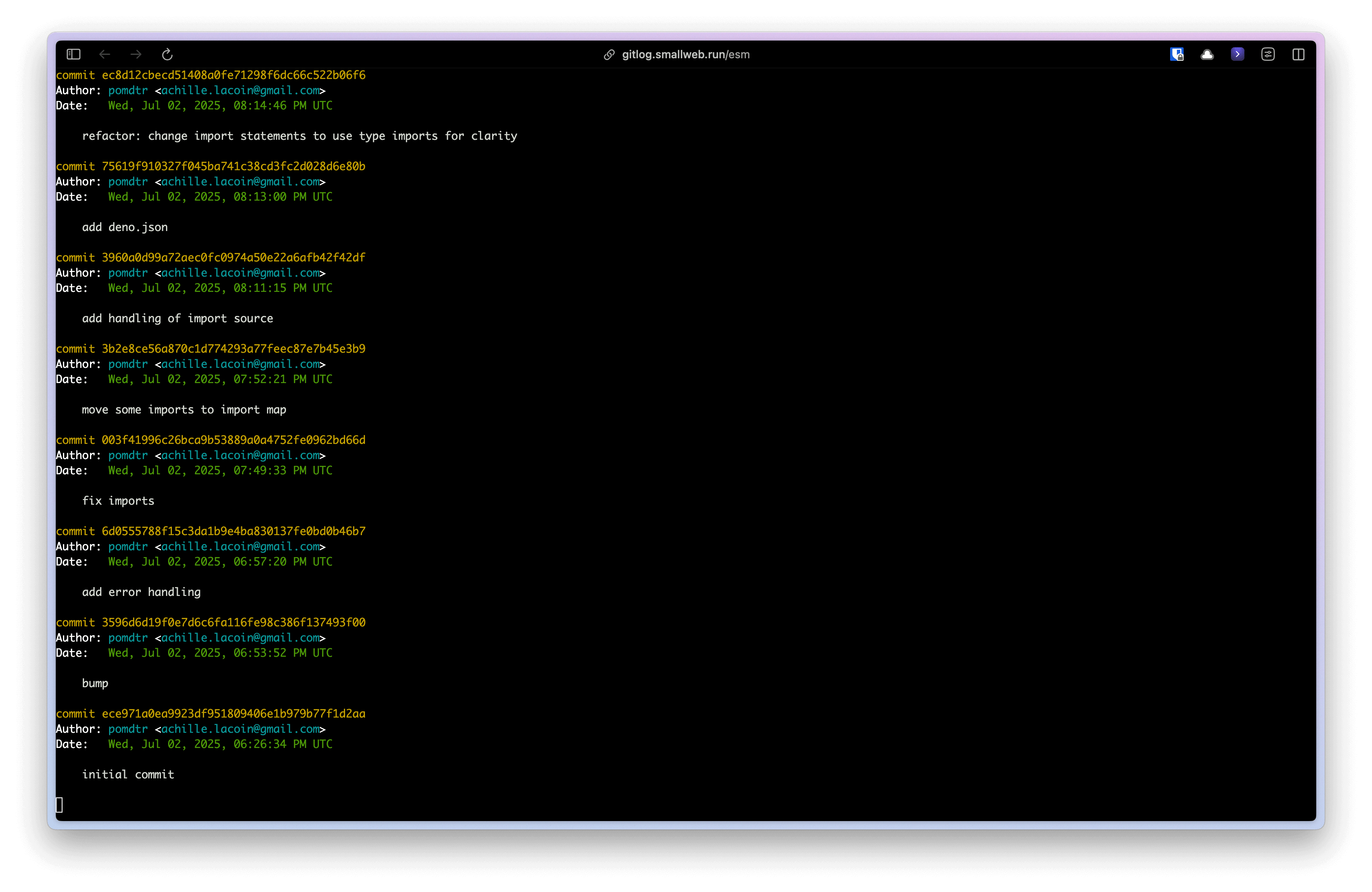 git log reimplemented in deno using isomorphic-git