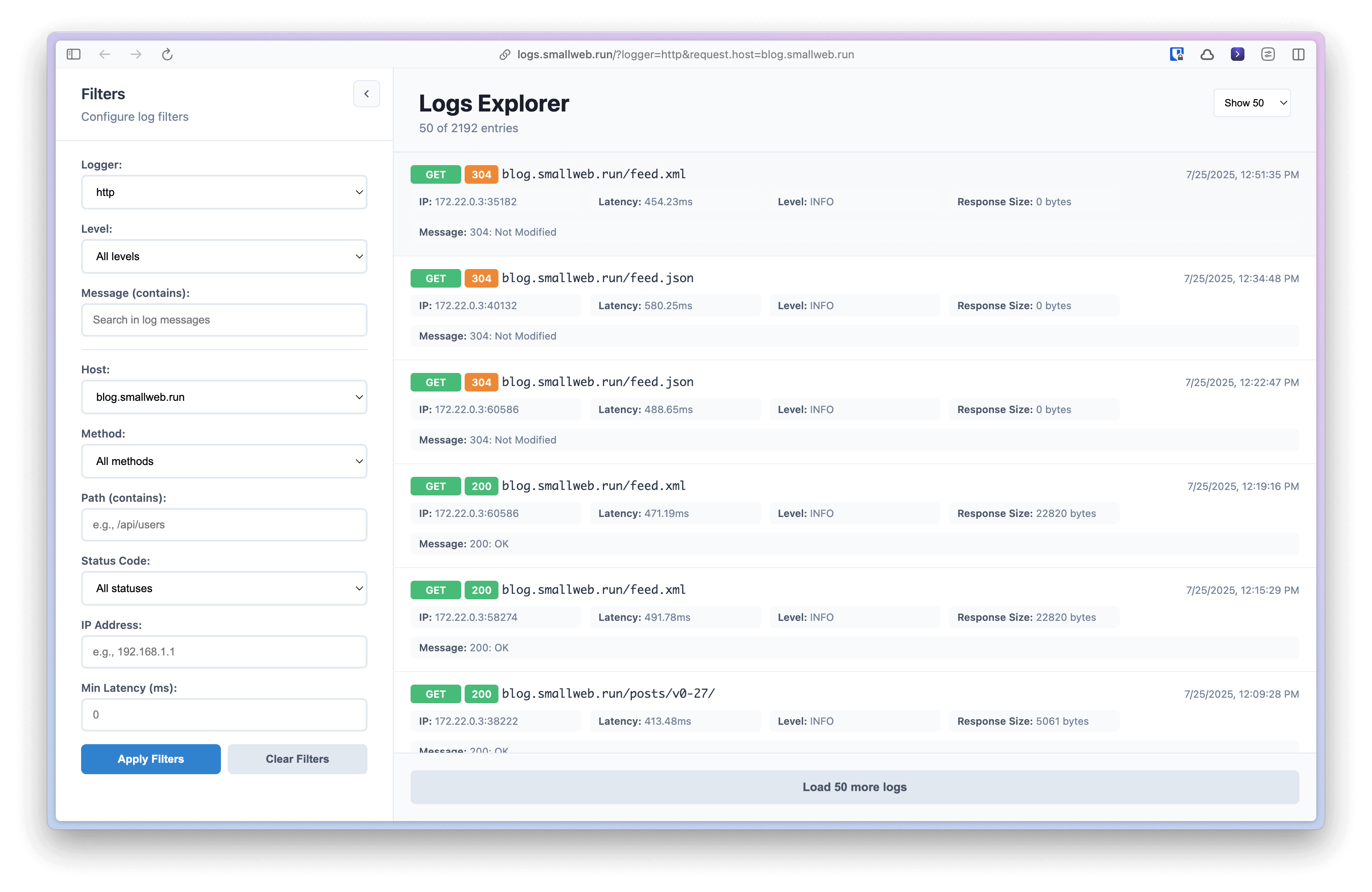 screenshot of a log explorer distributed as a smallweb app